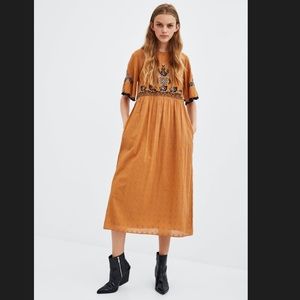 Zara Embroidered Mustard Navy Midi Dress - Size M